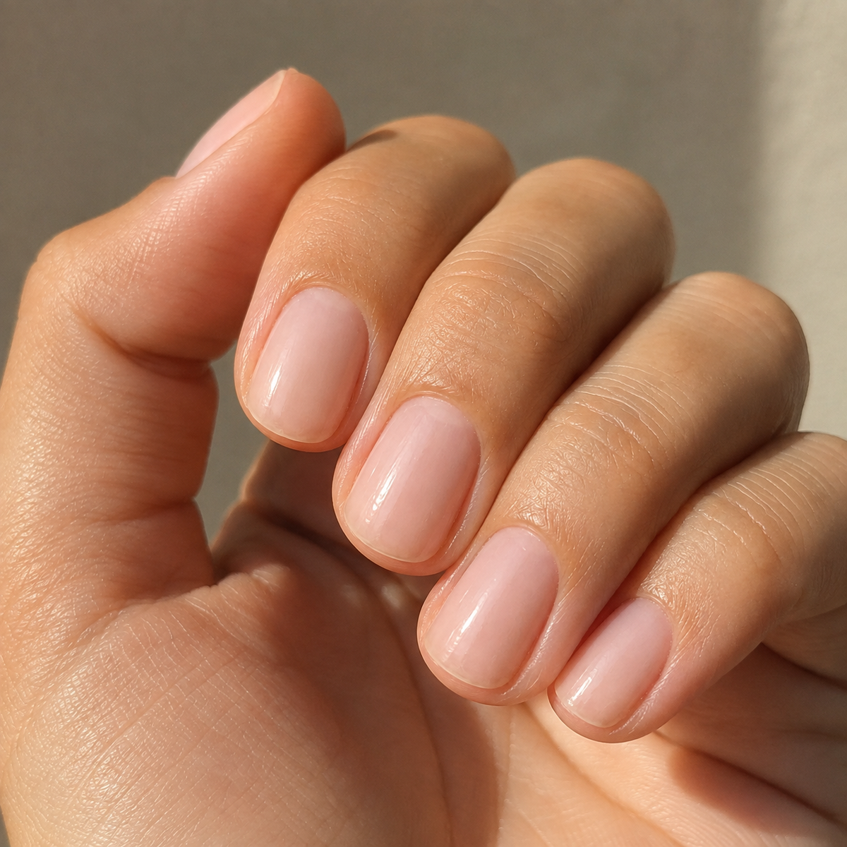 A close-up of a hand with neatly manicured, rounded nails painted in a soft, natural nude pink color.